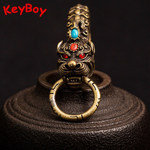 Brass Red Eyes Dragon Head Keychain Chinese Lucky Feng Shui Keyrings Men Car Key Chain Ring Jewelry Luxury Copper Spring Buckle ► Photo 1/6