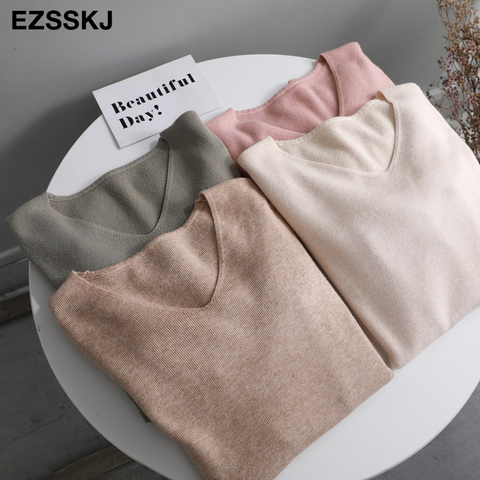 chic casual Autumn Winter Basic Sweater pullovers Women v-neck Solid Knit Slim Pullover female Long Sleeve warm Khaki Sweater ► Photo 1/6