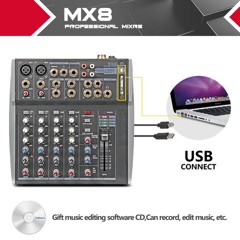 Xtuga MX8 Professional Audio Mixer sound console DJ Machine 8 Channels Double 3 Band Graphic EQ USB directly connected computer ► Photo 1/6