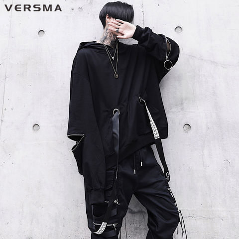 VERSMA Japanese Harajuku Ribbon Zipper Patchwork Hoodies Sweatshirts Men Hip Hop Punk Oversized Gothic Pullover Men Dropshipping ► Photo 1/6