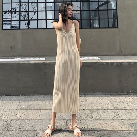 Fashion Women V-neck Maxi Dress Sexy Sling Sleeveless Dresses Knitted Long Dress Women ► Photo 1/6