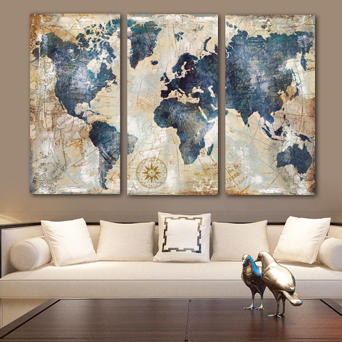 RELIABLI ART 3panels/ Set Big Size World Map Canvas Paintings Home Wall Posters For Living Room Decorative Pictures NO FRAME ► Photo 1/6