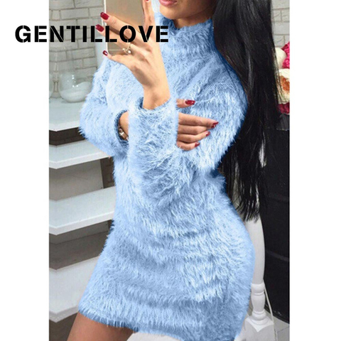 Gentillove Women Autumn Winter Long Sleeve Turtleneck Faux Fur Fluffy Bodycon Dress Sexy Party Club Night Sheath Mini Dress 2022 ► Photo 1/6