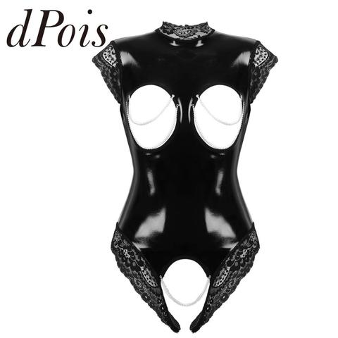 Womens One-piece Wet Look Patent Leather Sexy Lingerie High Neck Sleeveless Open Breast Crotchless Lace Trimmed Leotard Bodysuit ► Photo 1/6