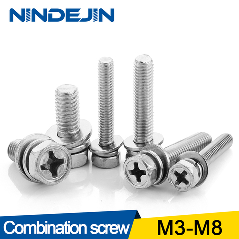 10/50pcs Cross recessed Hex Head Screw with Washer Three Sem Screw M4 M5 M6 M8 Stainless Steel Metric Three Combination Thread ► Photo 1/6