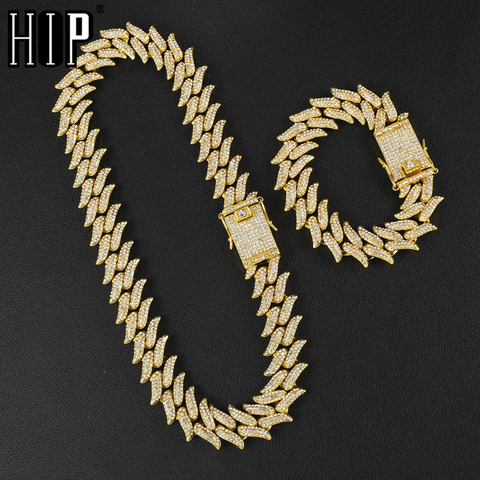 Hip Hop Bling Iced Out Full Rhinestone Men's Thorns Bracelet Gold Prong Cuban Link Chain Bracelet Necklace for Men Jewelry ► Photo 1/6