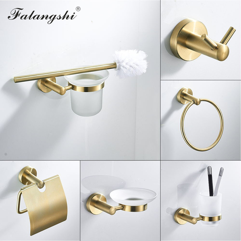 Falangshi Bathroom Accessories Robe Hooks Towel Ring Toilet Brush Holder Soap Dish Bathroom Hardware Set Gold Brushed WB8834 ► Photo 1/6