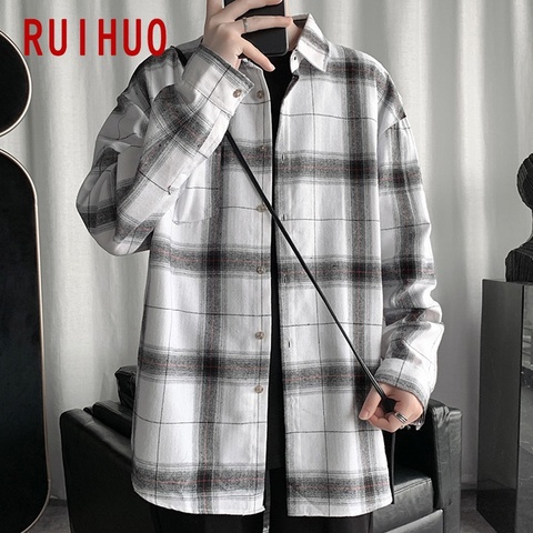 RUIHUO Plaid Shirts For Men Clothing 2022 Fashion Long Sleeve Plaid Shirt Men Harajuku Mens Shirts Casual Slim Fit M-5XL ► Photo 1/6