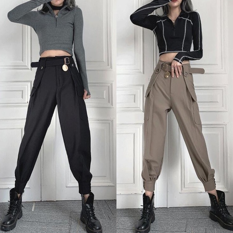 Women Fashion Cargo Pant(with Belt) Korean High Waist Loose Ankle-length Trousers Plus Size Woman Streetwear Pants Casual Pant ► Photo 1/6