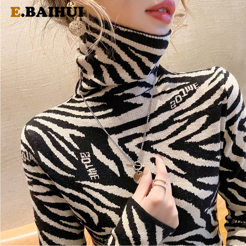 EBAIHUI Pullover 2022 Spring Autumn Women Knitted Turtleneck Sweater Casual Jumper Zebra Pattern Letter Print Slim Sweaters ► Photo 1/6