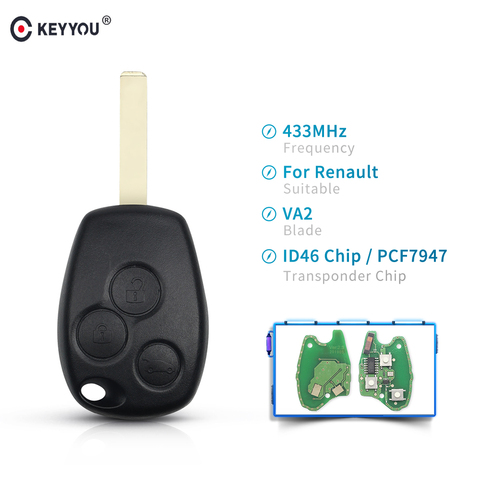 KEYYOU Remote Control Car Key 3 Button 433MHz PCF7947 Chip For Renault /Kangoo II /Clio III Duster Modus Twingo DACIA Logan ► Photo 1/6