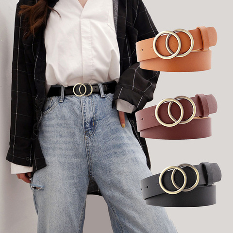 Double Ring Women Belt Fashion Waist Belt PU Leather Metal Buckle