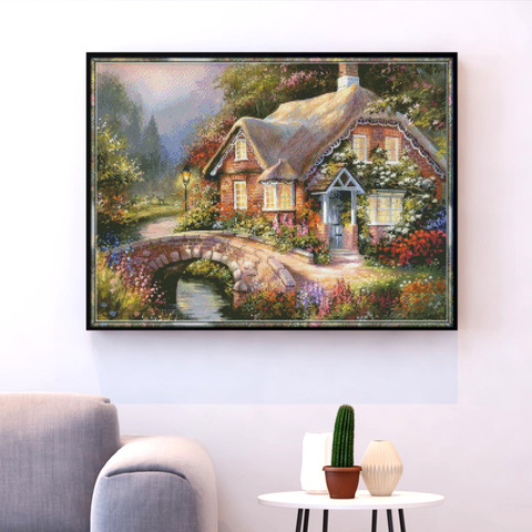 HUACAN Embroidery Village House Scenery Needlework Sets Cross Stitch Landscape Kits White Canvas DIY Home Decor 14CT 40x50cm ► Photo 1/6