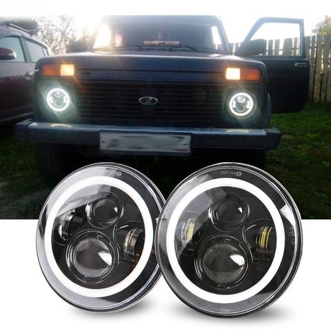 2Psc 7 Inch LED Headlight H4 Hi-Lo With Halo Angel Eyes For Lada