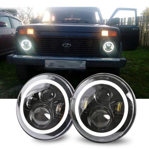 2Psc 7 Inch LED Headlight H4 Hi-Lo With Halo Angel Eyes For Lada 4x4 urban Niva Jeep JK Land rover defender Hummer ► Photo 1/5