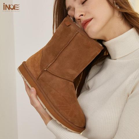 INOE Basic Winter Snow Boots for Women Sheepskin Suede Leather Mid-calf Slip on Shearling Fur women winter shoes waterproof ► Photo 1/6