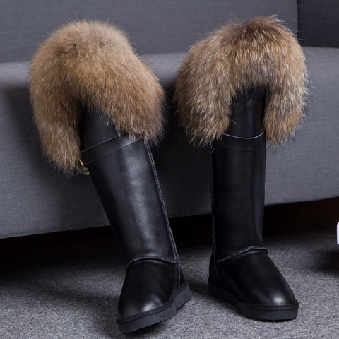 Womens Winter Snow Warm Fur Lining Real Fox Fur Trim Real Leather Knee High Boots Thick 12Colors Flats Shoes Australia New 2022 ► Photo 1/6