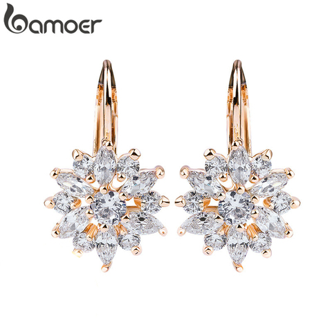 BAMOER 3 Colors Luxury Gold Color Flower Stud Earrings with Zircon Stone Women Birthday Gift Bijouterie JIE014 ► Photo 1/5