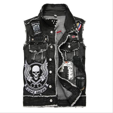 2022 Mens Punk Denim Vests Black Skull Embroidery Denim Waistcoat Slim Fit Fashion Jeans Sleeveless Jacket Male Vest Tops ► Photo 1/6