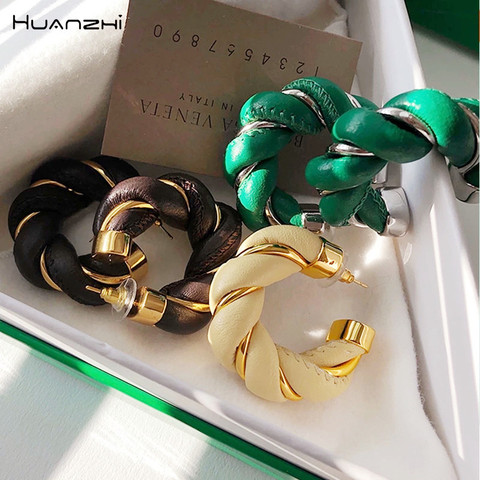 HUANZHI 2022 Trendy Leather Metal Twisted Weave Geometric Circel Hoop Earrings Black White Green for Women Girls Party Jewelry ► Photo 1/6