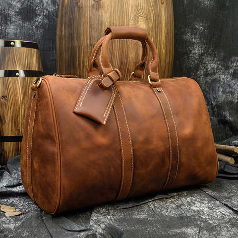 Men genuine leather travel bag durable crazy horse leather travel duffel big capacity Real leather large shoulder weekend bag ► Photo 1/6