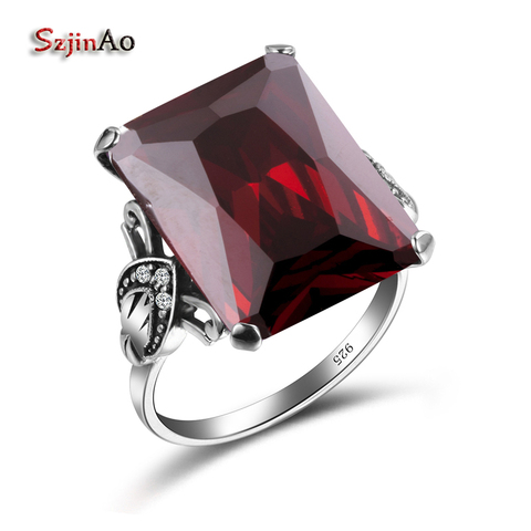 Szjinao Real 100% 925 Sterling Silver Cool Ring Vintage Square Garnet Autrichien Edward Antique Jewelry Grosses Bagues ► Photo 1/6