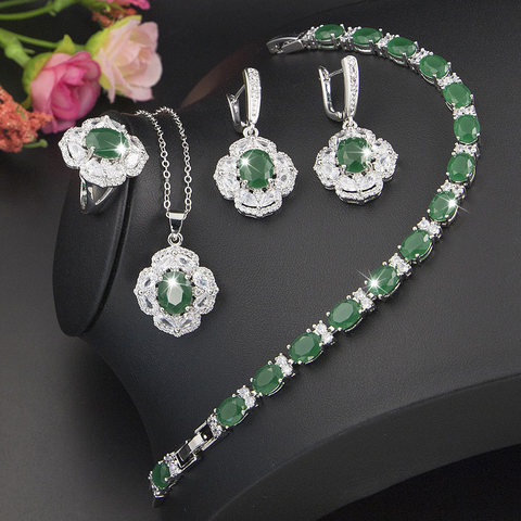 XUTAAYI Luxury Jewelry Earrings Silver Wedding Jewelry Sets For Women Green Bracelet Rings Bridal Pendant Necklace Set ► Photo 1/6