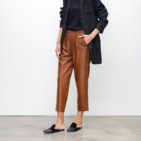 2022 NEW Women Ropa 100% Natural Genuine Leather Trousers Femme Loose Tapered Elastic Waist Khaki/Blue Casual Harlan Pants ► Photo 1/6