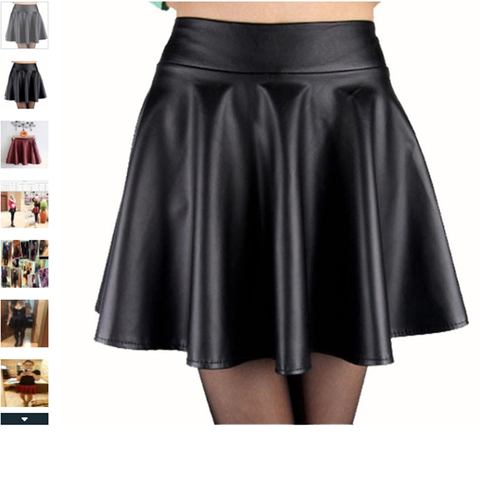 Womens PU Leather Miniskirts High Waist Flared Pleated Latex A-Line Circle Skirt Rave Dance Bottoms Sexy Clubwear Skirts ► Photo 1/6