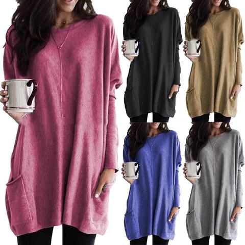 Plus Size Women Solid Color Sweater O-Neck Long Sleeve T-Shirt Tunic Top New Sweater with Pockets 2022 ► Photo 1/6