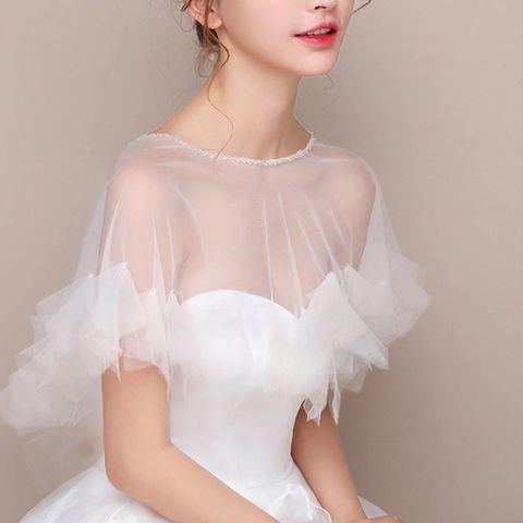 Womens Wedding Cape Sheer Tulle Ruffles Trim Bridal Capelet Bolero 1920S Ladies Pullover Crew Neck Shrug Wrap for Dress Cover Up ► Photo 1/6