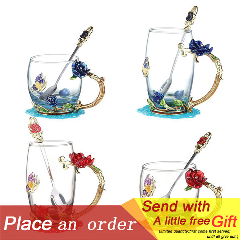 Rose Enamel Crystal Tea Cup Coffee Mug Tumbler Butterfly Rose Painted Flower Water Cups Clear Glass with Spoon Set Perfect Gift ► Photo 1/6