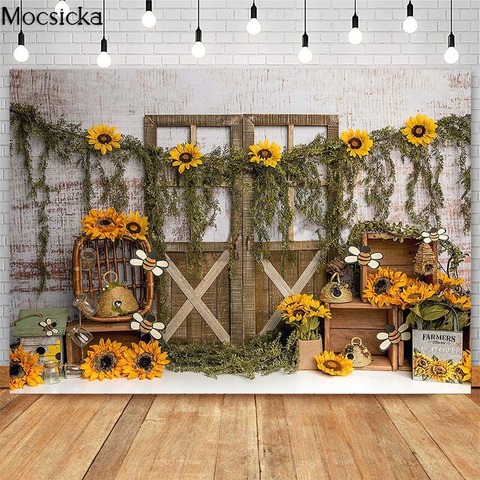 Mocsicka Spring Sunflowers Wooden Door Backdrops Bee Day Honey Cake Smash 1st Birthday Photographic Studio Photo Backgrounds ► Photo 1/4