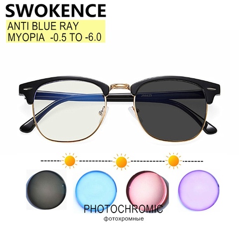SWOKENCE Photochromic Anti Blue Ray Glasses For Myopia SPH 0 -0.5 to -6.0 Women Men Prescription Spectacles For Nearsighted F027 ► Photo 1/6