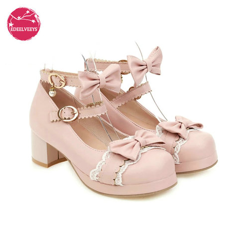 Lolita Girls Mary Janes Shoes Bowknot Princess Ruffles Japan Sweet Bride Wedding Party Dress Pumps Cosplay Pink Plus Size 34-46 ► Photo 1/6