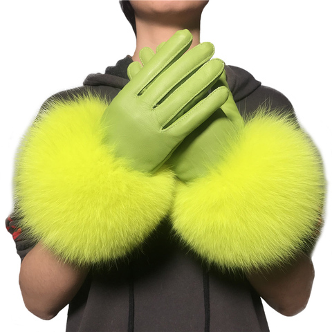 Wholesale Fox Fur Gloves Winter Female Luxury Style Warm Sheepskin Genuine Leather Gloves Driving Thickening Mitten ► Photo 1/6