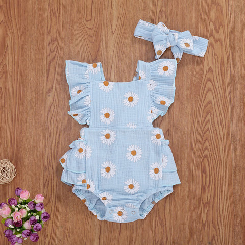 Baby Girls Daisy Playsuits Ruffled Bodysuit+Headaband 2pcs Sets Print Fly Sleeve Romper Floral Jumpsuit Infant Summer Clothes ► Photo 1/6