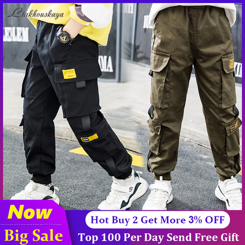 Newest Spring Brand Kids Boys Pants Cotton Solid Cargo Pants Teenage Boy Multi-Pocket Trousers Casual Pants Streetwear 4-15 Year ► Photo 1/6