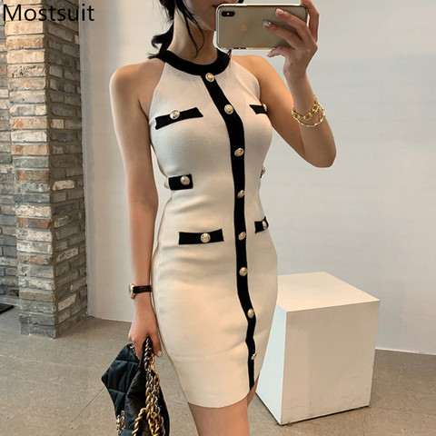 2022 Summer Sexy Elegant Korean Knitted Mini Dress Women Sleeveless O-neck Single-breasted Slim Pencil Fashion Dresses Vestidos ► Photo 1/6