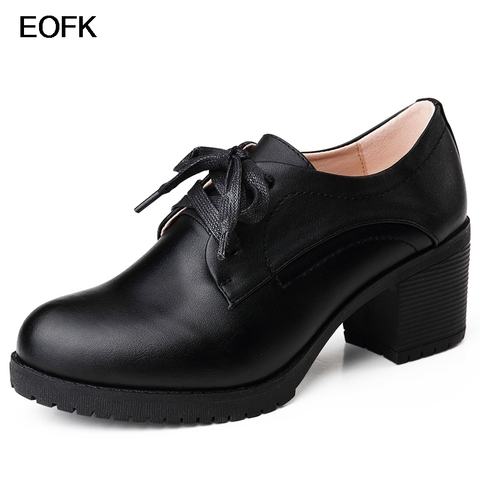 EOFK Spring Autumn Women Pumps Leather Square Heel High Fashion Concise Black Office Lady Derby Oxford Shoes ► Photo 1/6