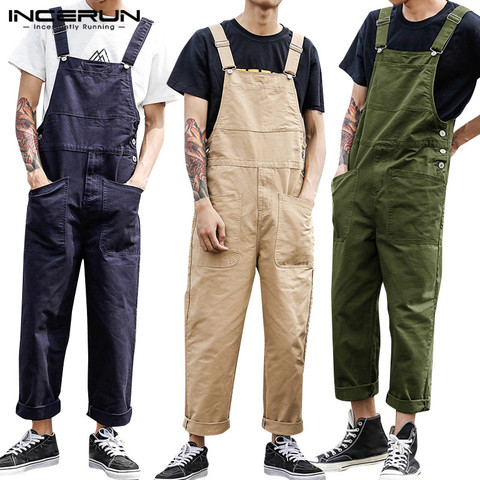 2022 Men Bib Pants Solid Color Casual Jumpsuits Streetwear Joggers Multi Pockets Fashion Suspenders Men Cargo Overalls INCERUN 7 ► Photo 1/6