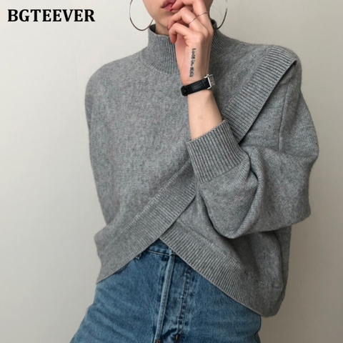 BGTEEVER Fashion Half-turtleneck Women Sweater Jumpers 2022 Autumn Winter Knitwear Cross Split Loose Female Knitted Pullovers ► Photo 1/6