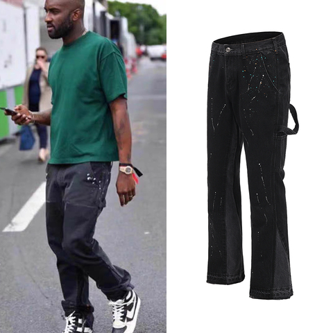 Urban Streetwear Flare Pants Black Wide Leg Jeans Hip Hop Splashed Ink Trousers Men Patchwork Slim Fit Denim Pants for Men ► Photo 1/6