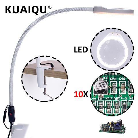 KUAIQU Desk Large Clip LED Magnifying Glass Illuminated Magnifier Lamp Loupe Reading/Rework/Soldering 3X 5X 8X 10X Lengthen Arms ► Photo 1/6