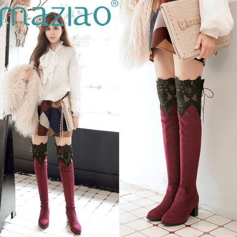 Stretch Fabric Women Over The Knee Boots Pointed Toe Footwear High Heels Sexy Female Party Boot Lace Shoes Woman Winter MAZIAO ► Photo 1/6