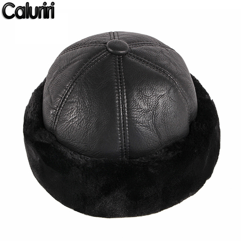 Caluriri New Fashion Man Retro Pu Leather Hat Cap Adjustable PU Rolled Cuff Brimless Bonnet Beanies Men Warm Winter Hat ► Photo 1/6