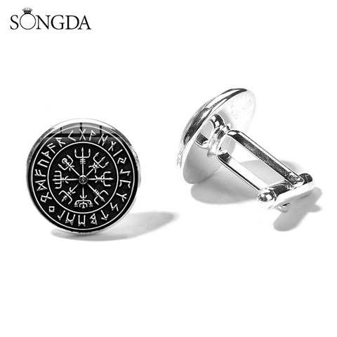 Nordic Vikings Compass Runes Men's Cufflinks High Quality Silver Color Glass Cabochon Shirt Suit Cuff Links Husband Gift ► Photo 1/6