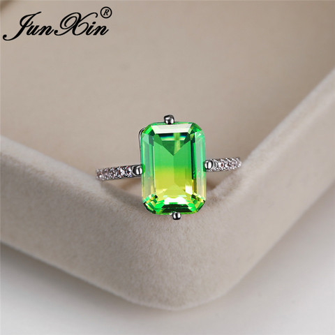 Unique Gradient Green Yellow Zircon Small Rectangle Rings For Women White Gold Rainbow Crystal Wedding Bands Party Jewelry ► Photo 1/6