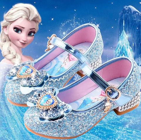 Disney's new cartoon girls casual shoes children's high-heeled shoes elsa princess frozen cartoon bowknot leather shoes ► Photo 1/6