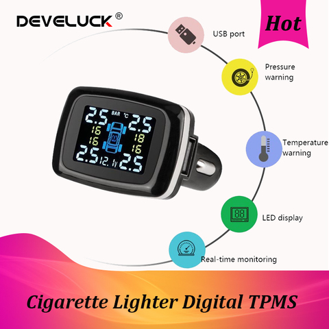 Car TPMS Cigarette Lighter Digital TPMS Tire Pressure Monitoring System Sensors USB Port Security Alarm Systems Tire Pressure ► Photo 1/6